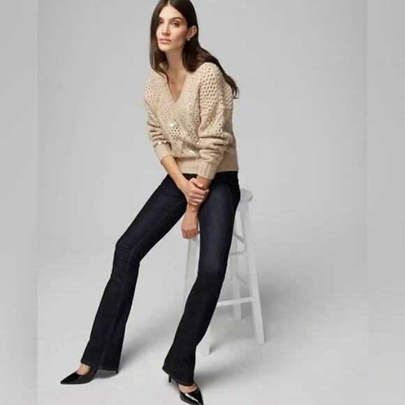 WHBM Sequin Cable Knit Sweater Beige Chunky Embellished Cozy Glam XS Holiday - Picture 12 of 14